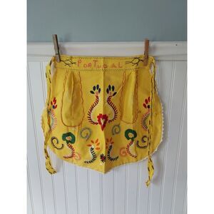 Vintage Half Apron Yellow Portugal Embroidered Floral Traditional Pocket